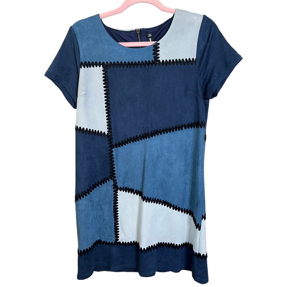 Design Lab Lord & Taylor blue faux suede patchwork pattern dress Med